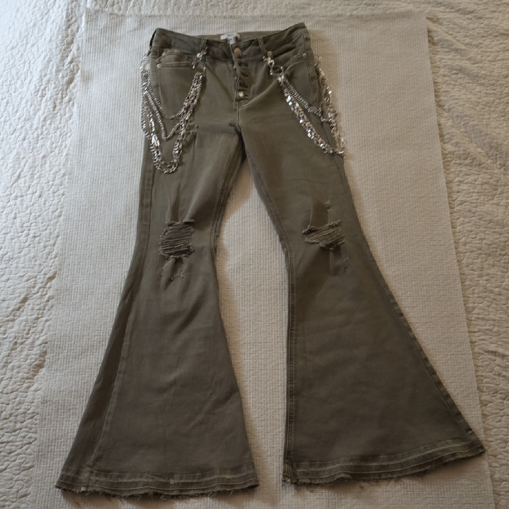 Forever 21 SUPER FLARED UPSCALED  Olive Green Dis Pants With Side Chains SIZE 30